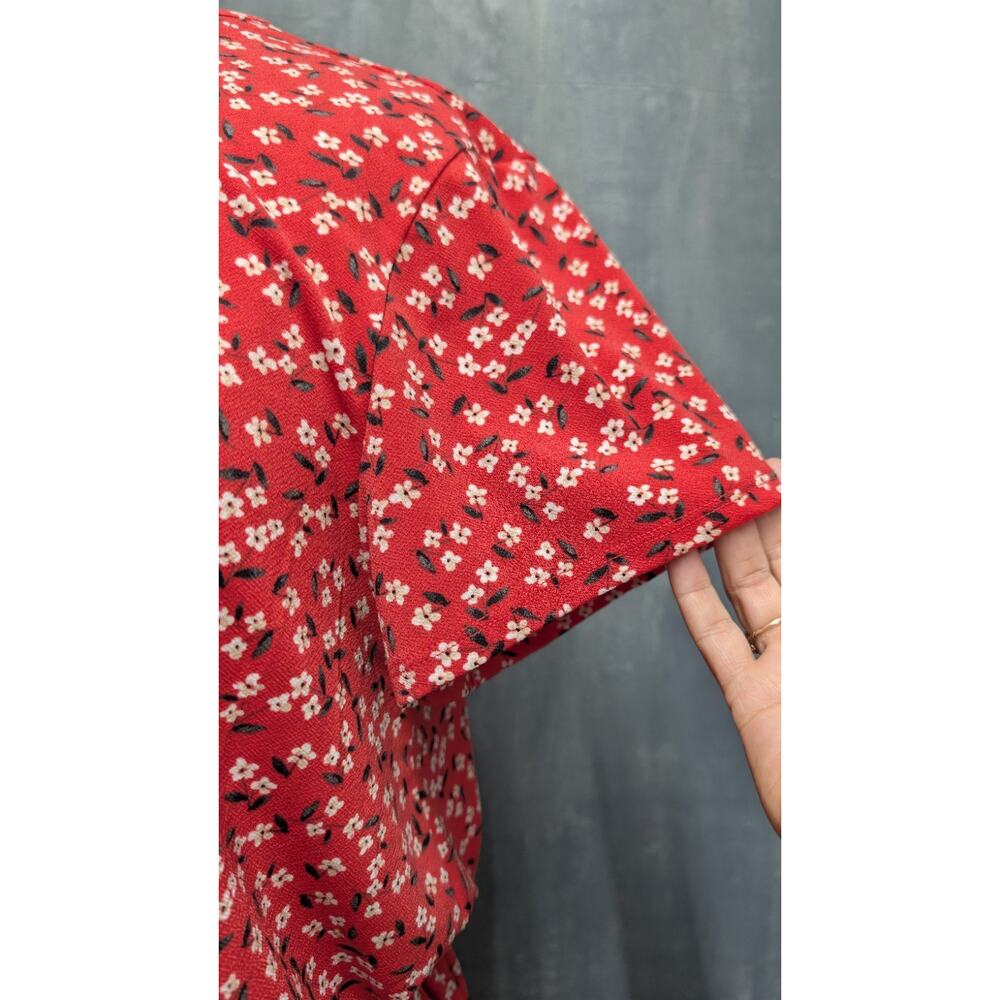 Banana Republic XL Red Ditsy Floral Midi Dress Stretch Knit Ruffle Elastic Waist - Picture 3 of 7
